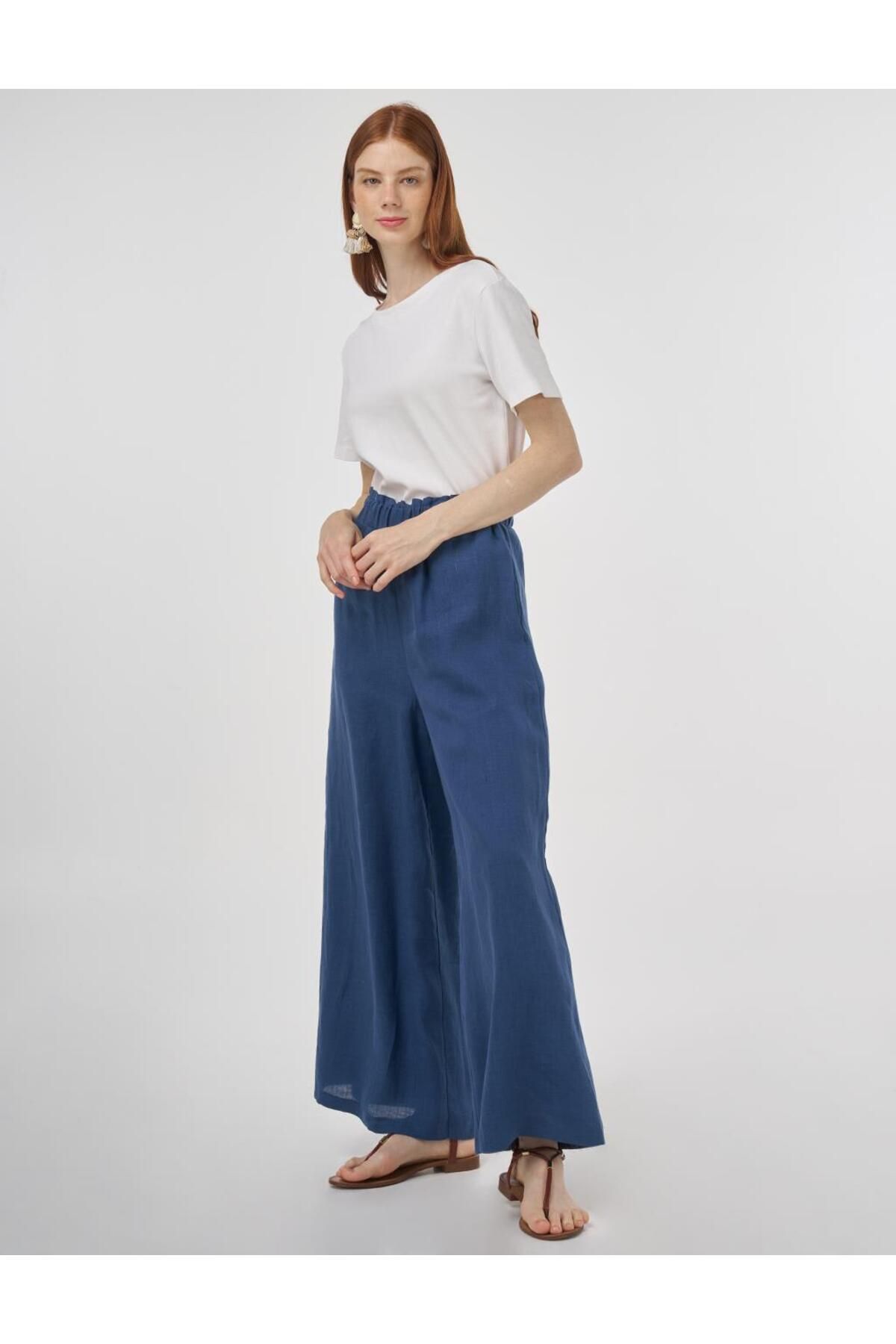 KYR %100 Keten Geniş Paça Pantolon İndigo