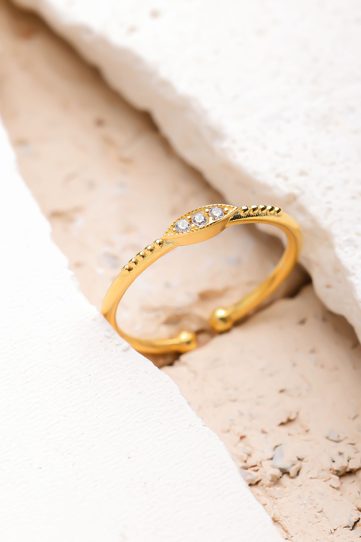 Lucente Jewellery Özel Hediye Kutulu Minimal Taşlı Vintage Gümüş Altın Kaplama Ayarlanabilir Yüzük