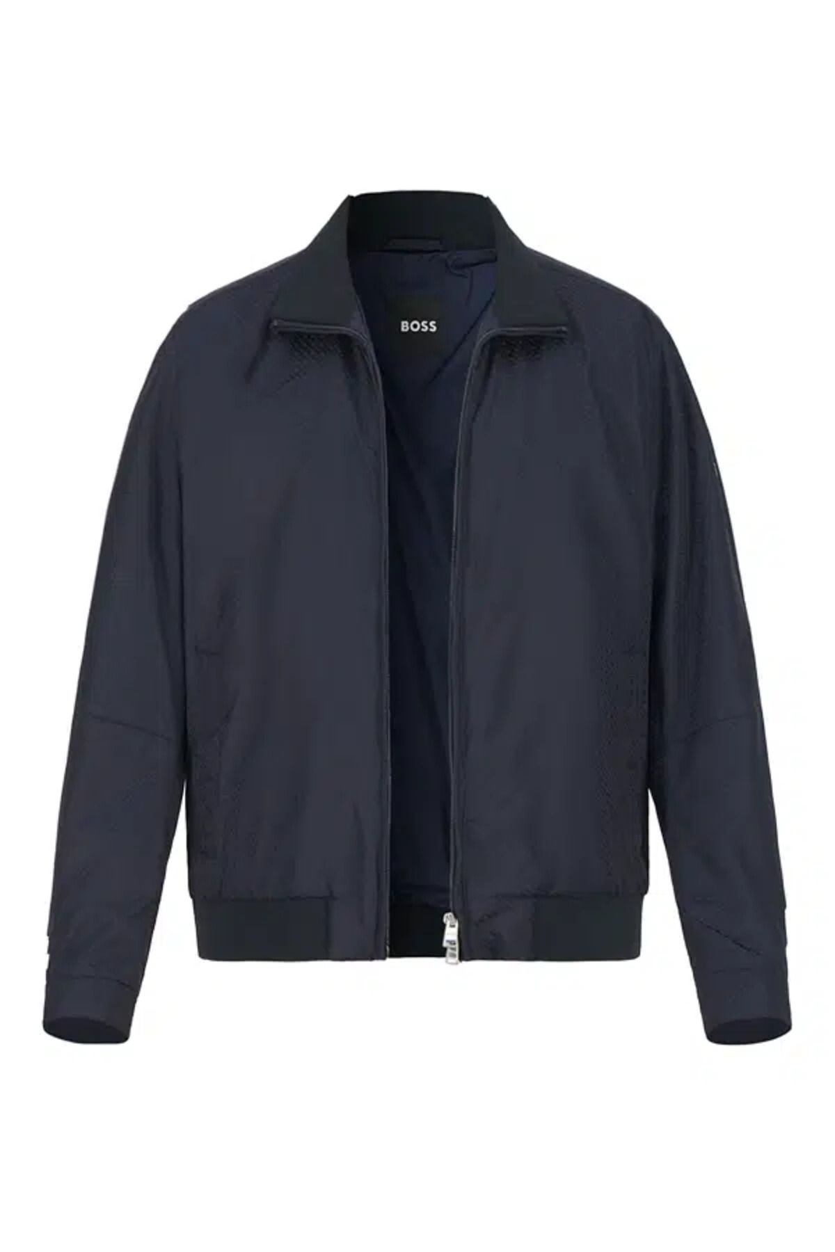 BOSS Erkek Normal Kalıp Fermuarlı Dik Yaka Monogram Logolu Su İtici Kumaş Lacivert Ceket 50540458-404