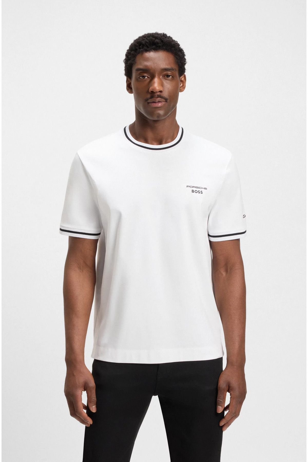 BOSS Erkek Regular Fit Yuvarlak Yakalı Porsche Desenli Nem Kontrolü Sağlayan Kısa Kollu Beyaz T-Shirt 505
