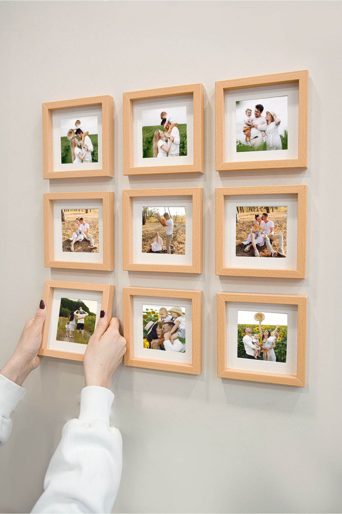 Elioure Yapışkanlı 14x14cm Kare Ahşap Çoklu Fotoğraf Çerçevesi, 9’lu Paket