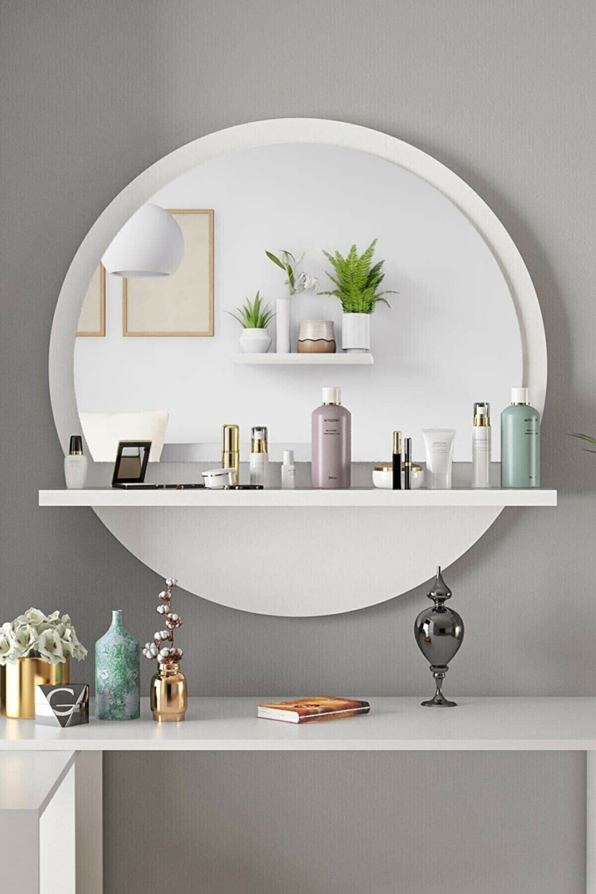 Elioure Şık Yuvarlak Beyaz Raflı Koridor Konsol, Salon, Banyo, Ofis, Yatak Odası Ayna