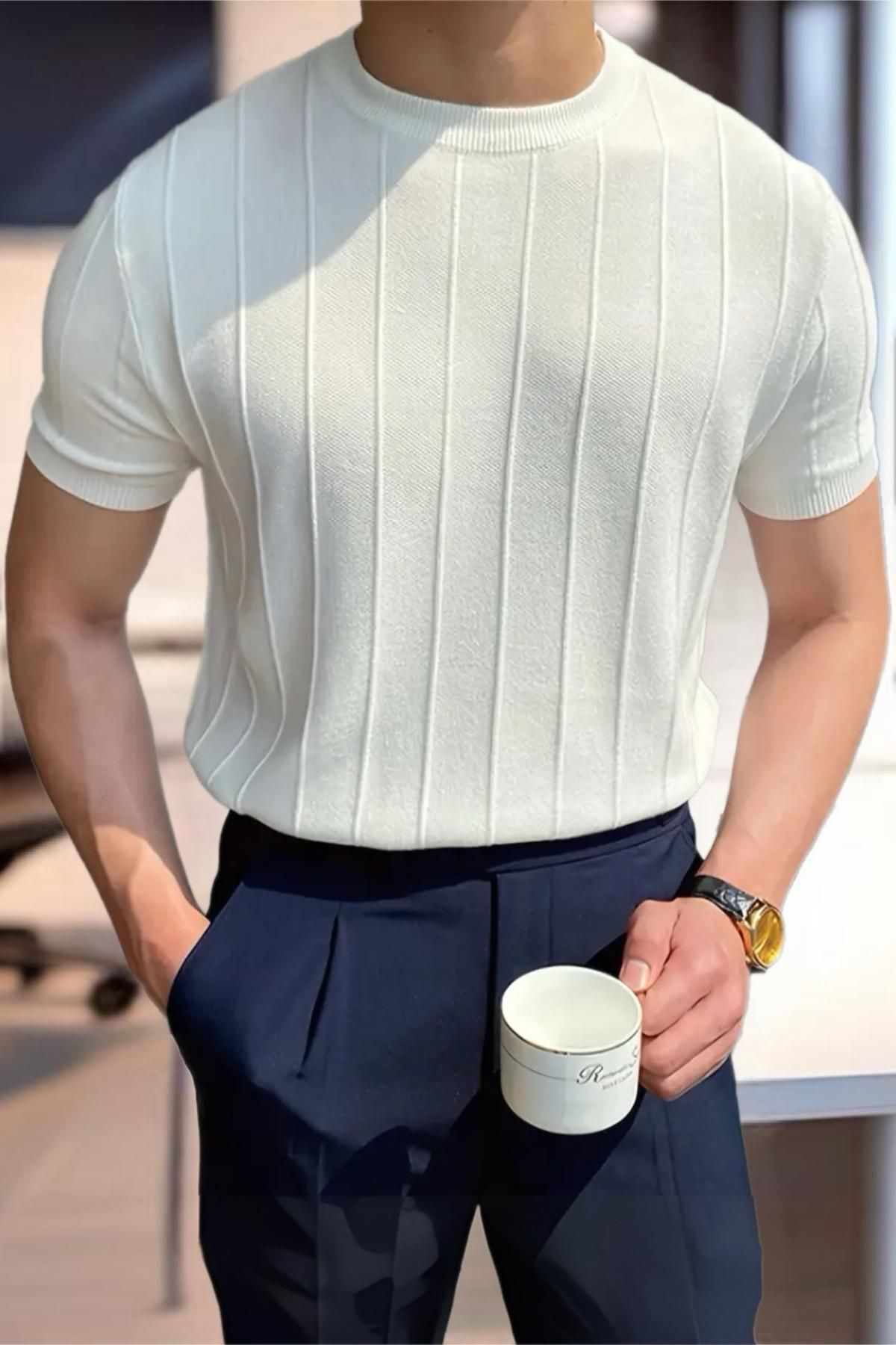 SeusCraft Erkek Toro Çizgili Likralı Slim Fit T-Shirt - Beyaz Örme Triko Tişört Bisiklet Yaka