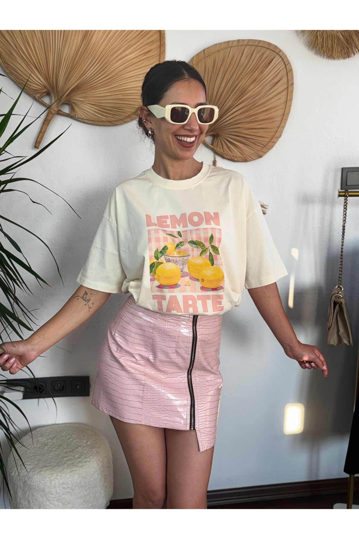 Butik Merve Sarıkaya Limon Baskılı %100 Pamuklu Oversize Tişört