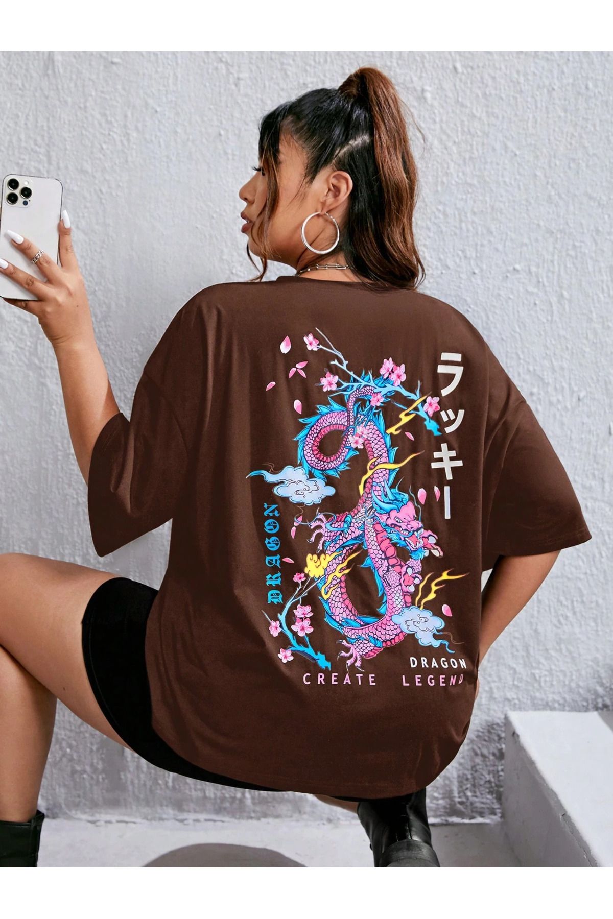 New Shine Unisex Oversize Sakura Ejderha Sırt Baskılı T-shirt