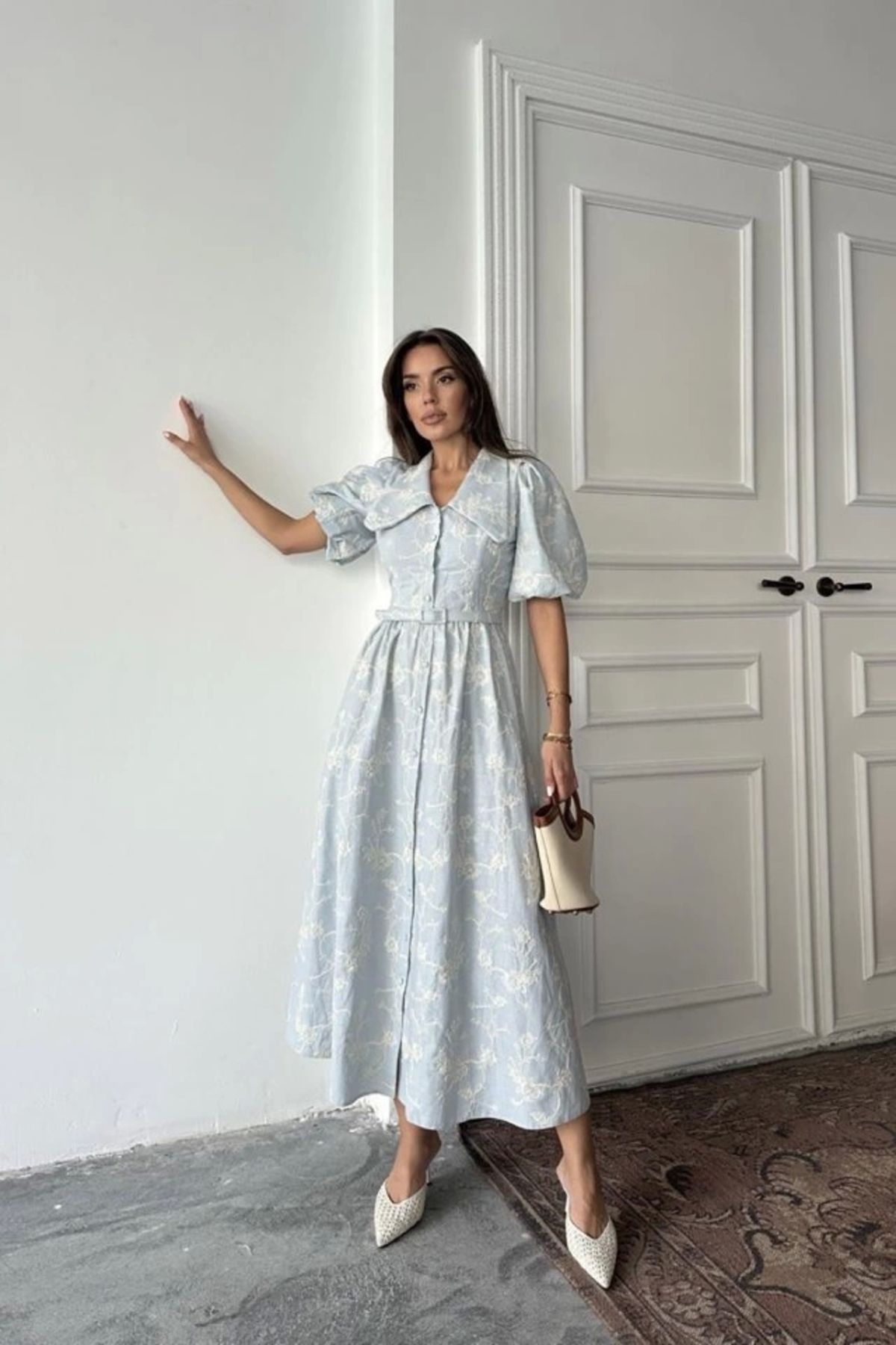 Butik Bebe Mavi Bebe Yaka Balon Kollu Elbise