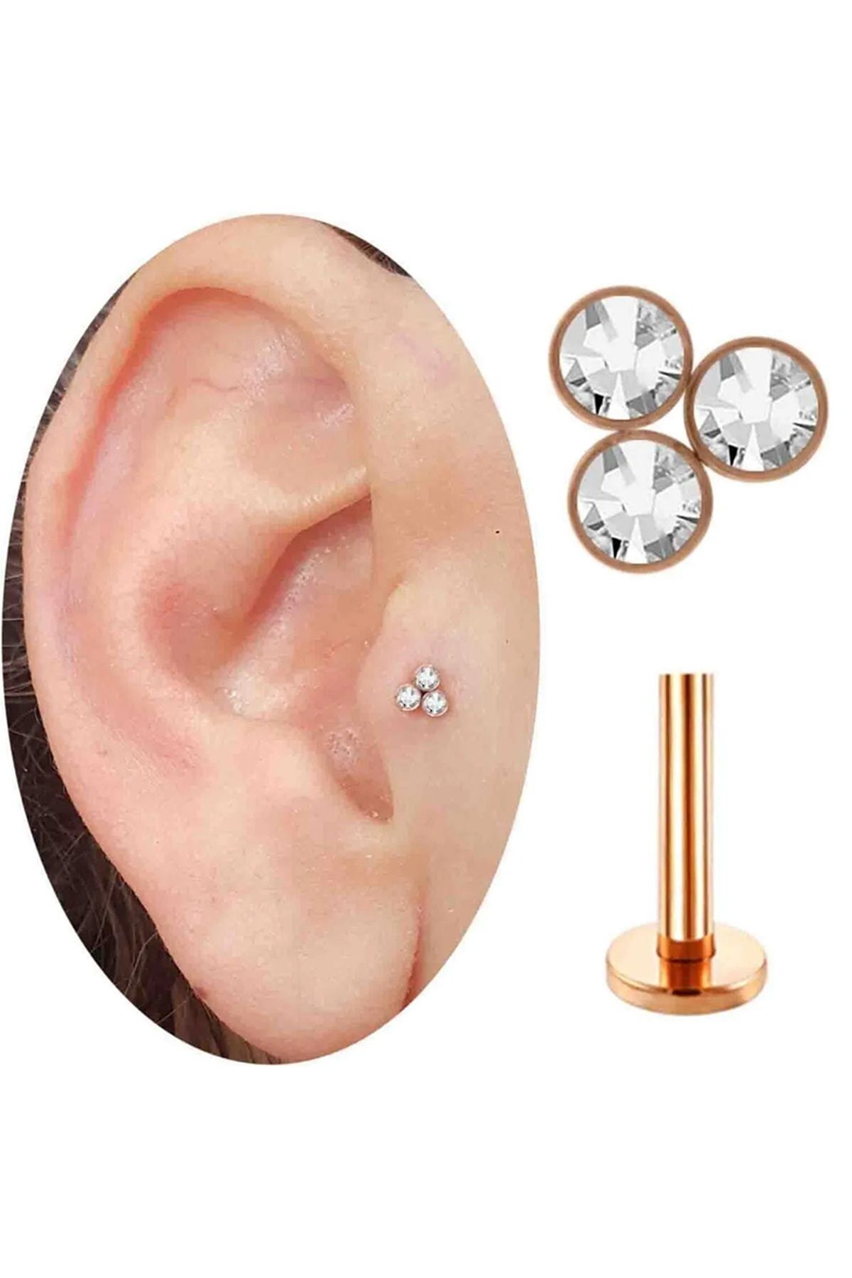 Cadının Dükkanı Üç Taş Rose Çelik Gold Tragus Helix Kıkırdak Piercing