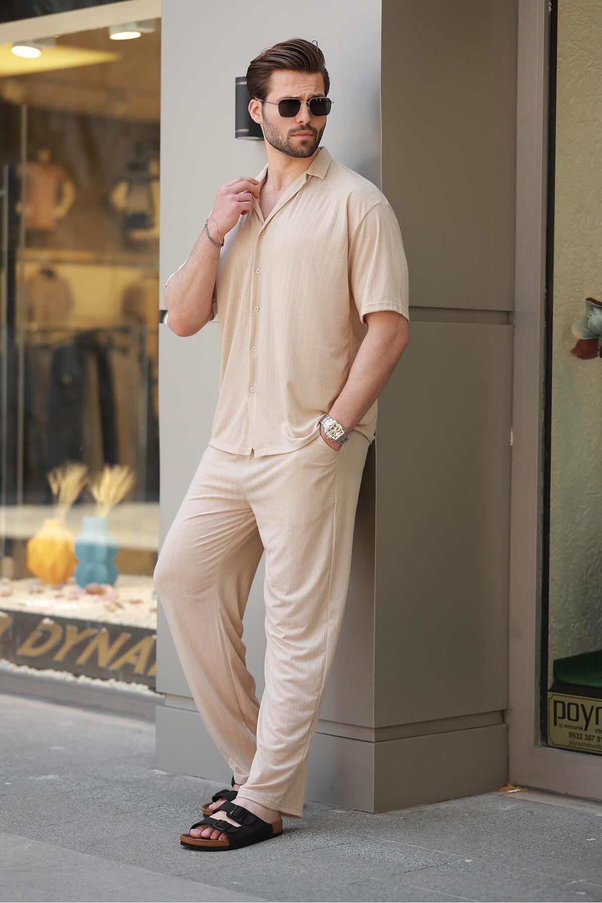 Madmext Bej Basic Erkek Gömlek Takım E7315