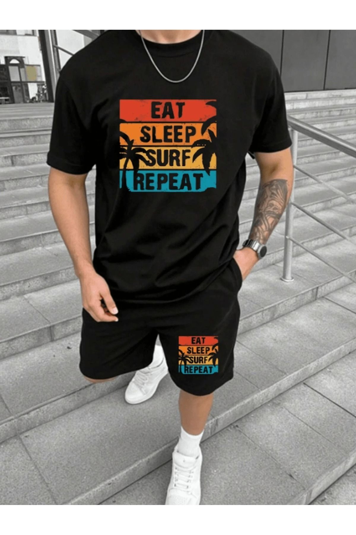 Trendglow Eat Surf T-shirt Penye Şort - Siyah Şort Tişört Takım Baskılı Oversize Bisiklet Yaka