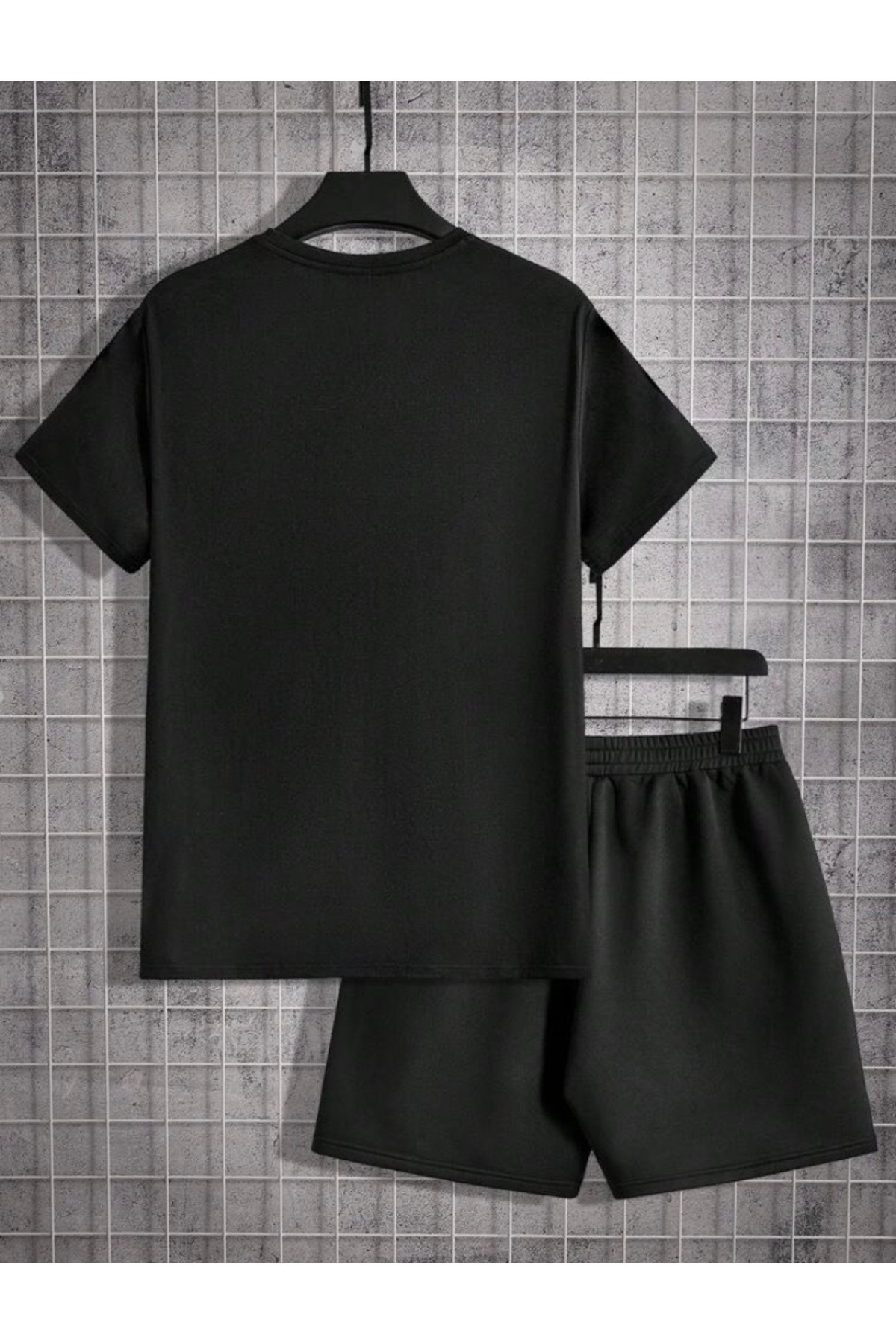 Mythologie-California T-Shirt Combed Cotton Shorts - Black Shorts T-Shirt Set Printed Oversize Crew Neck 4