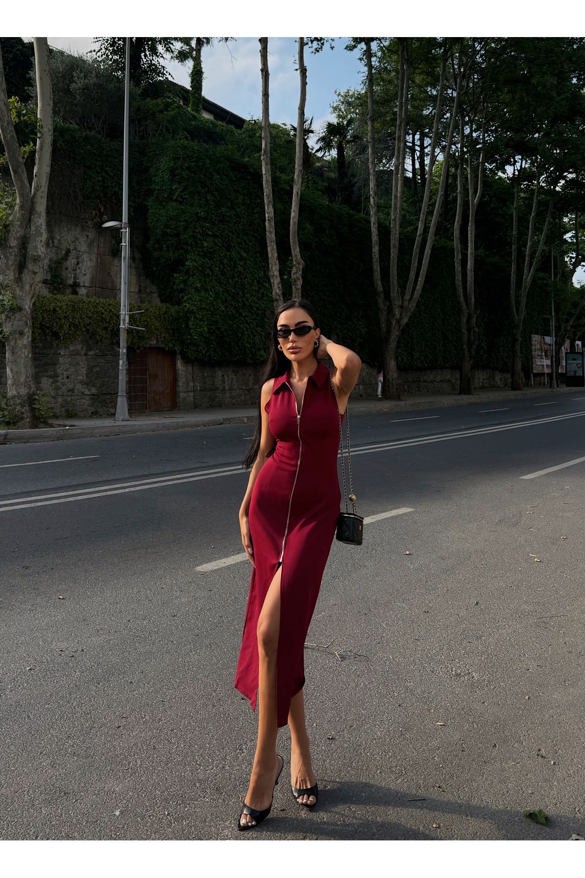 LB Laluna Butik Kadın Polo Yaka Fermuarlı Midi Elbise
