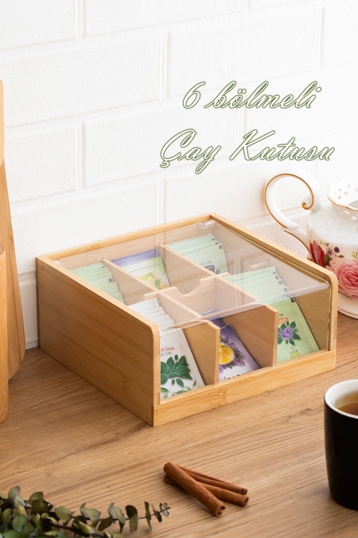 Porsima Home 005 Ahşap Bambu 6 Bölmeli Organizer Poşet Sallama Çay Kutusu Bitki Çayı Kutusu Saklama Kabı