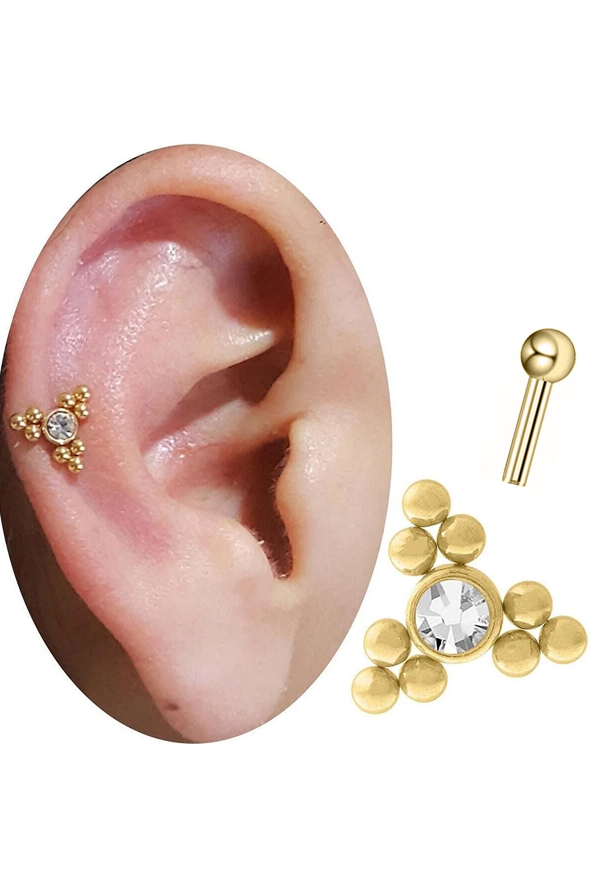 Cadının Dükkanı Taşlı Üçgen Gold Çelik Tragus Helix Kıkırdak Piercing