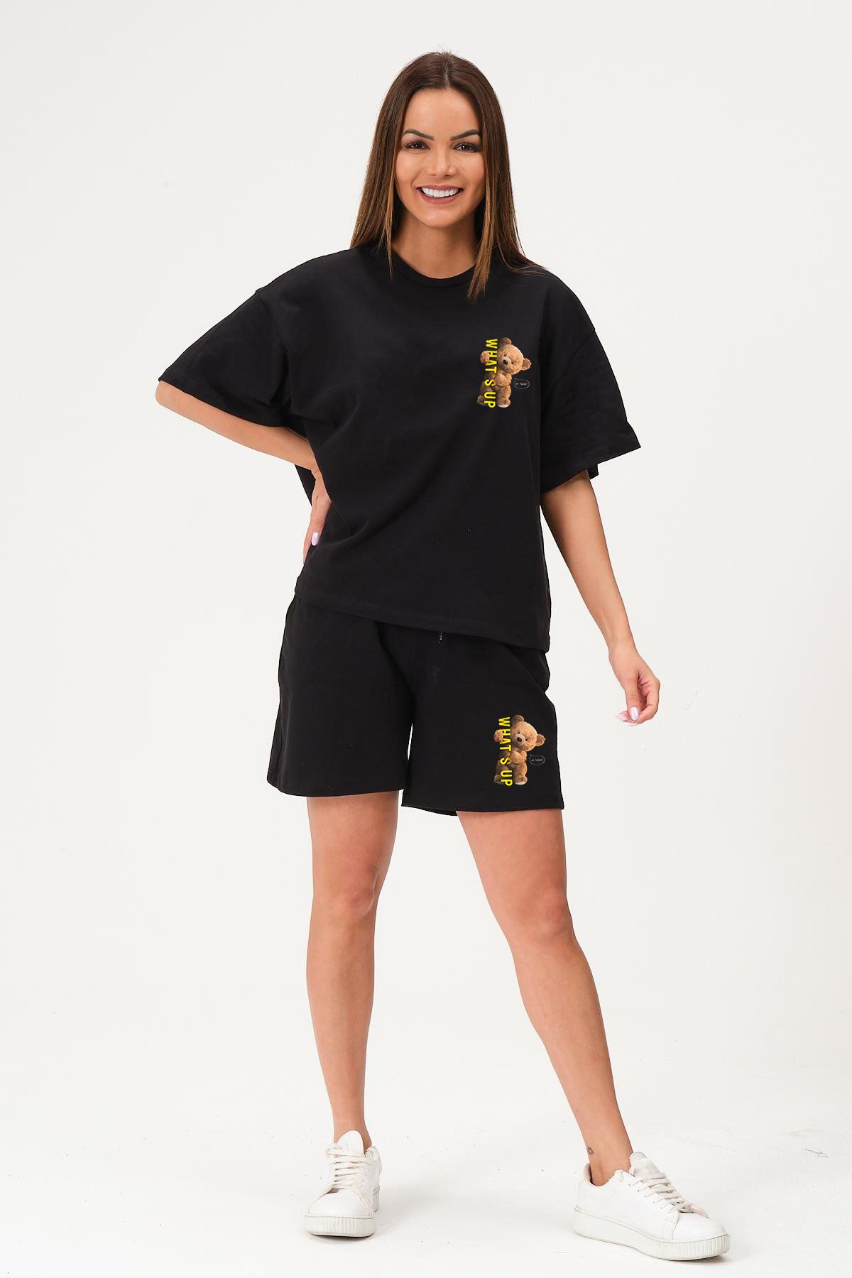 Trendglow Whatsup Teddy T-shirt Penye Şort - Siyah Şort Tişört Takım Baskılı Oversize Bisiklet Yaka