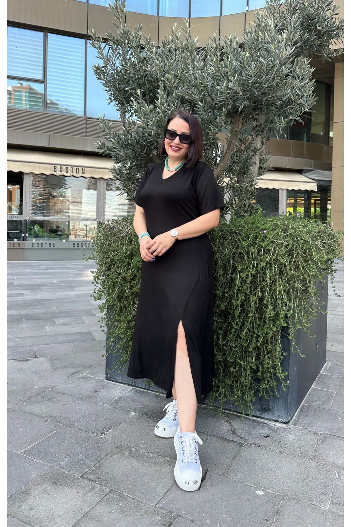 Vio Moda Büyük Beden Pamuk Viskon Yırtmaçlı Elbise