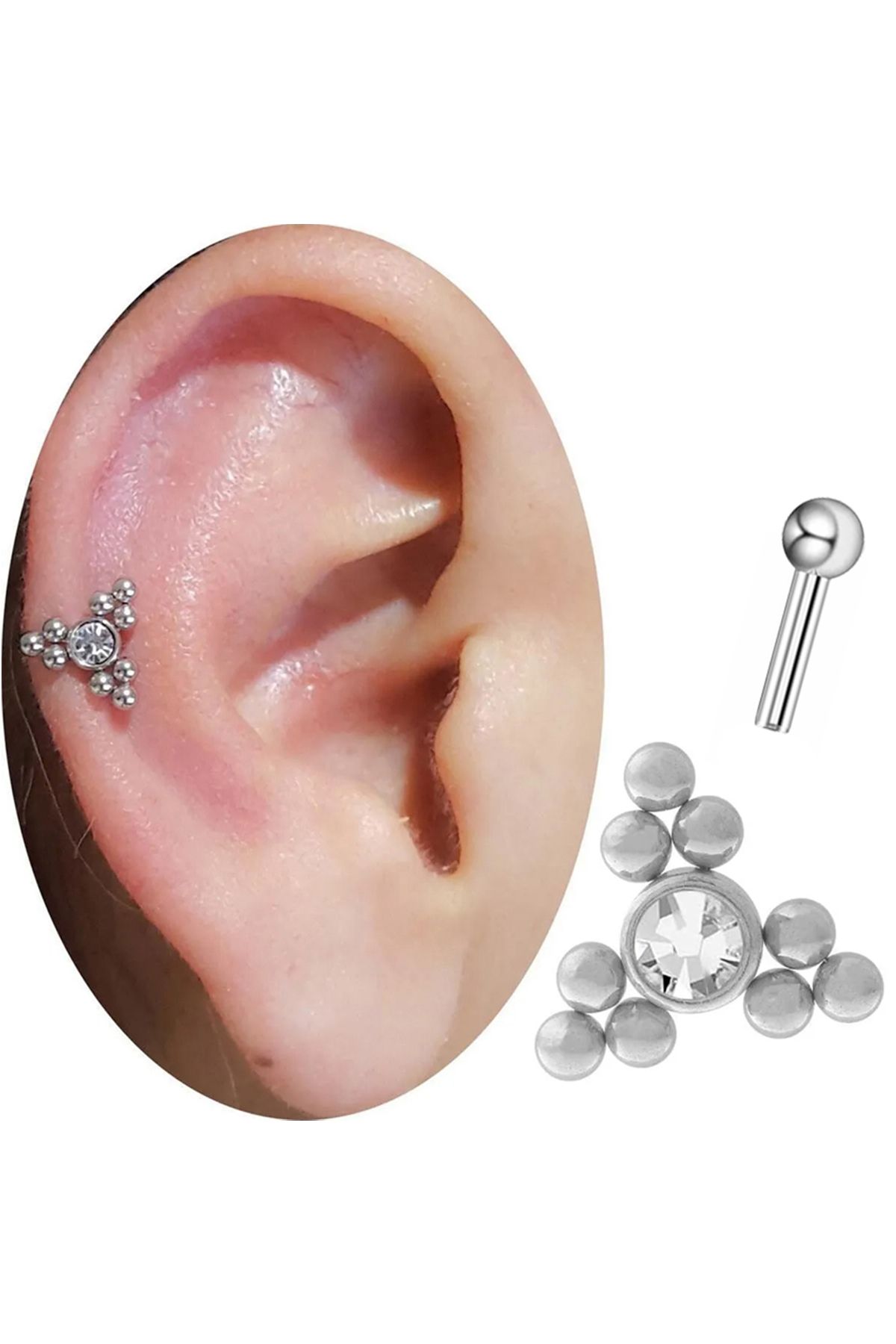 Cadının Dükkanı Taşlı Üçgen Çelik Tragus Helix Kıkırdak Piercing