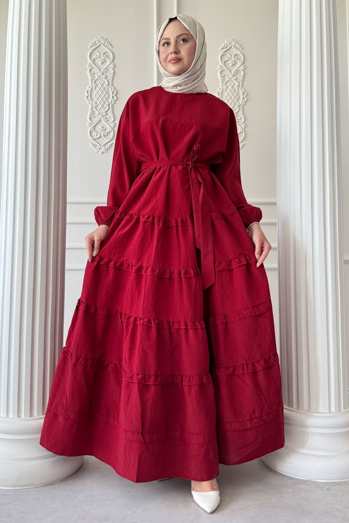 InStyle-Skirt Layer Ruffle Detail Modal Burgundy Dress 5