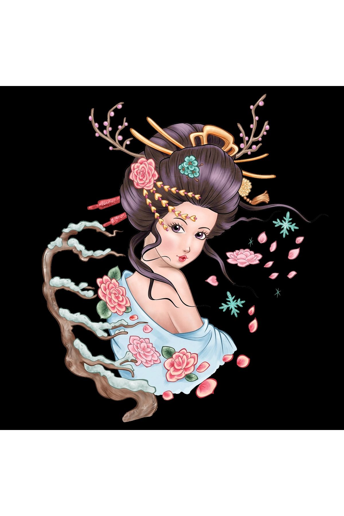 Reysa Tasarım Kış Çiçekleri ve Ağaç Dalları ile Japon Kadını