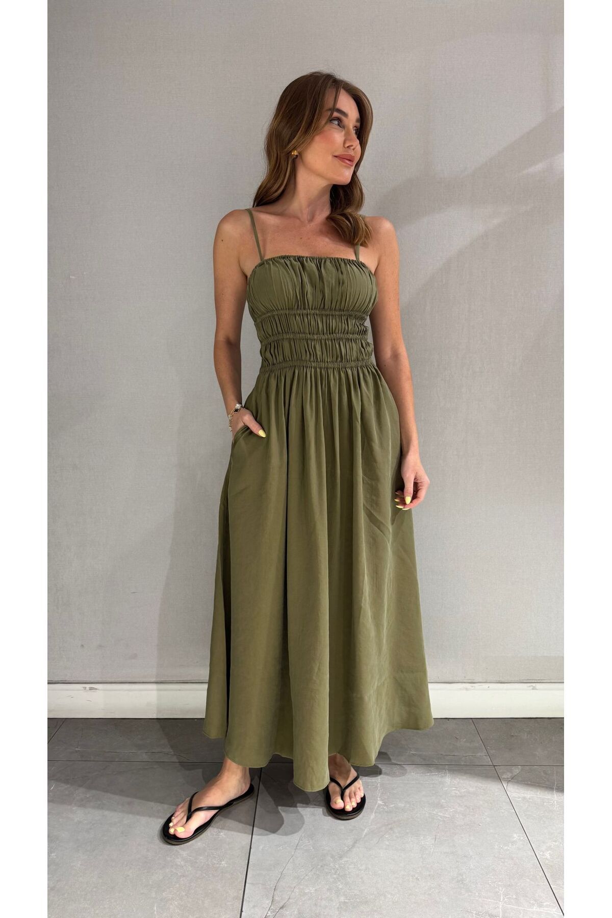 Marvel butik Marvel 12360 Haki Askılı Uzun Elbise