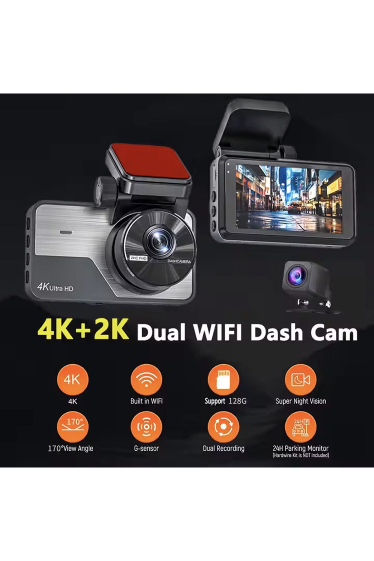 Venas Geniş açı 4K ön ve Arka 2K Ultra HD 2 Kameralı wifi Hafıza kartına kayıtlı araç kamerası