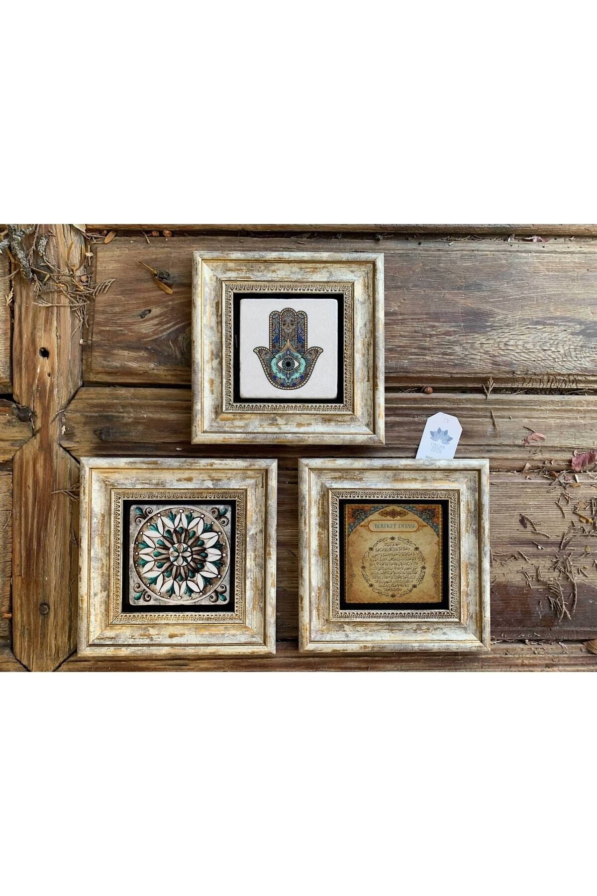 Elioure El İşi Taş Duvar Dekoru 20x20 cm 3'lü Set, Bereket ve Desenli Süsler