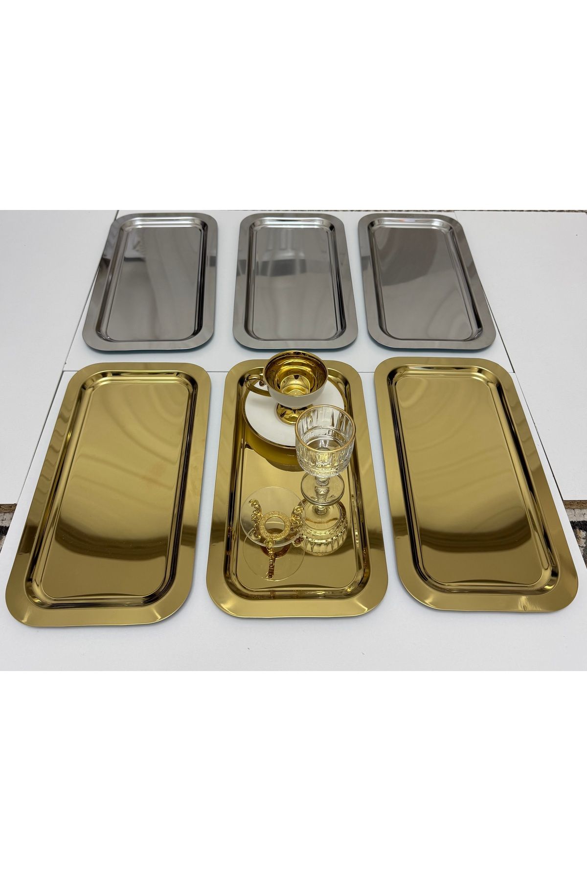 Elzemm store 3 GOLD 3 GÜMÜŞ BÜYÜK DİKDÖRTGEN MODEL SERVİS VE SUNUM TEPSİSİ 18*33 CM