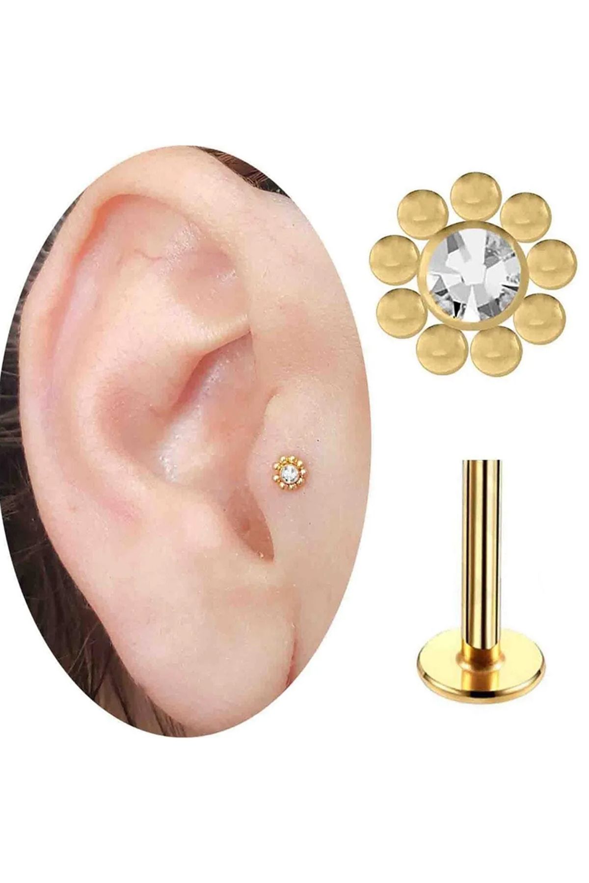 Cadının Dükkanı Taşlı Çiçek Gold Çelik Tragus Helix Kıkırdak Piercing