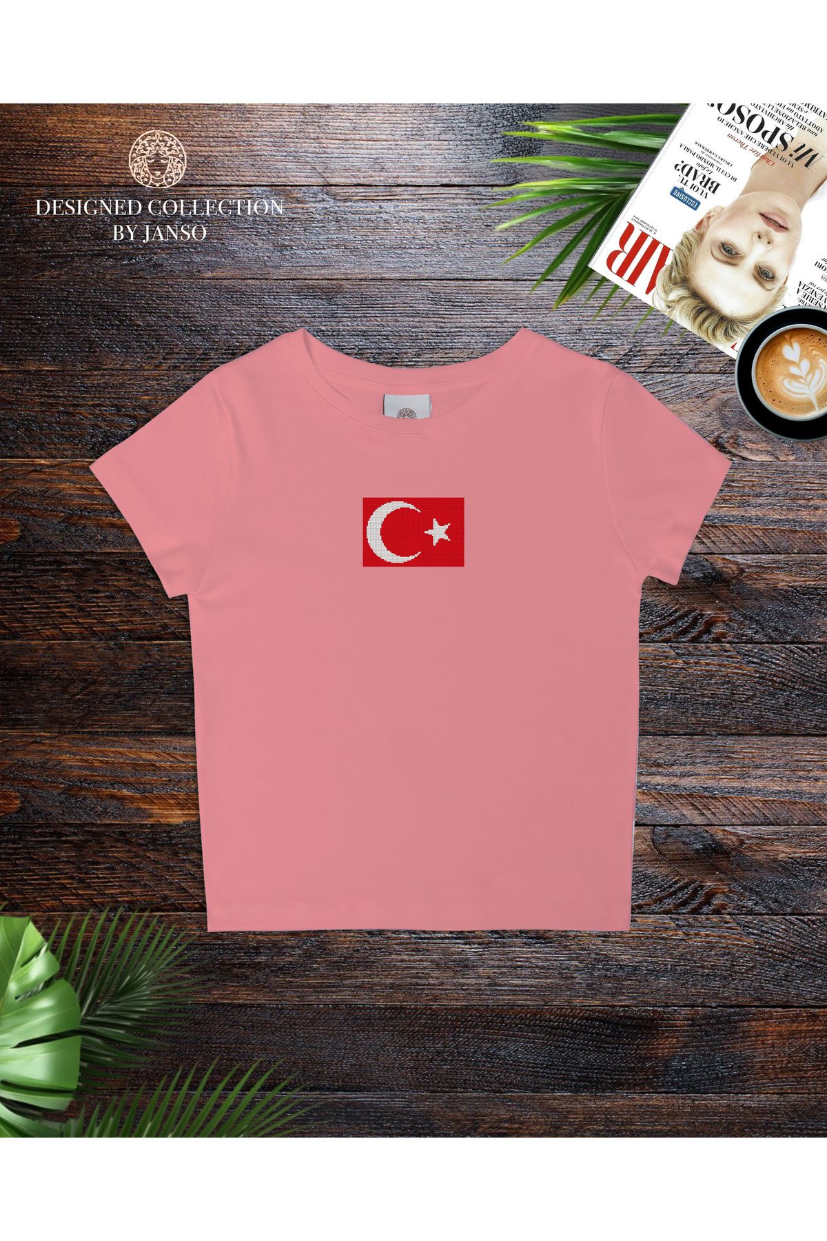 JANSO GROUP - KADIN KISA KOLLU CROP TSHIRT TÜRKİYE TÜRK BAYRAĞI BASKILI PAMUKLU