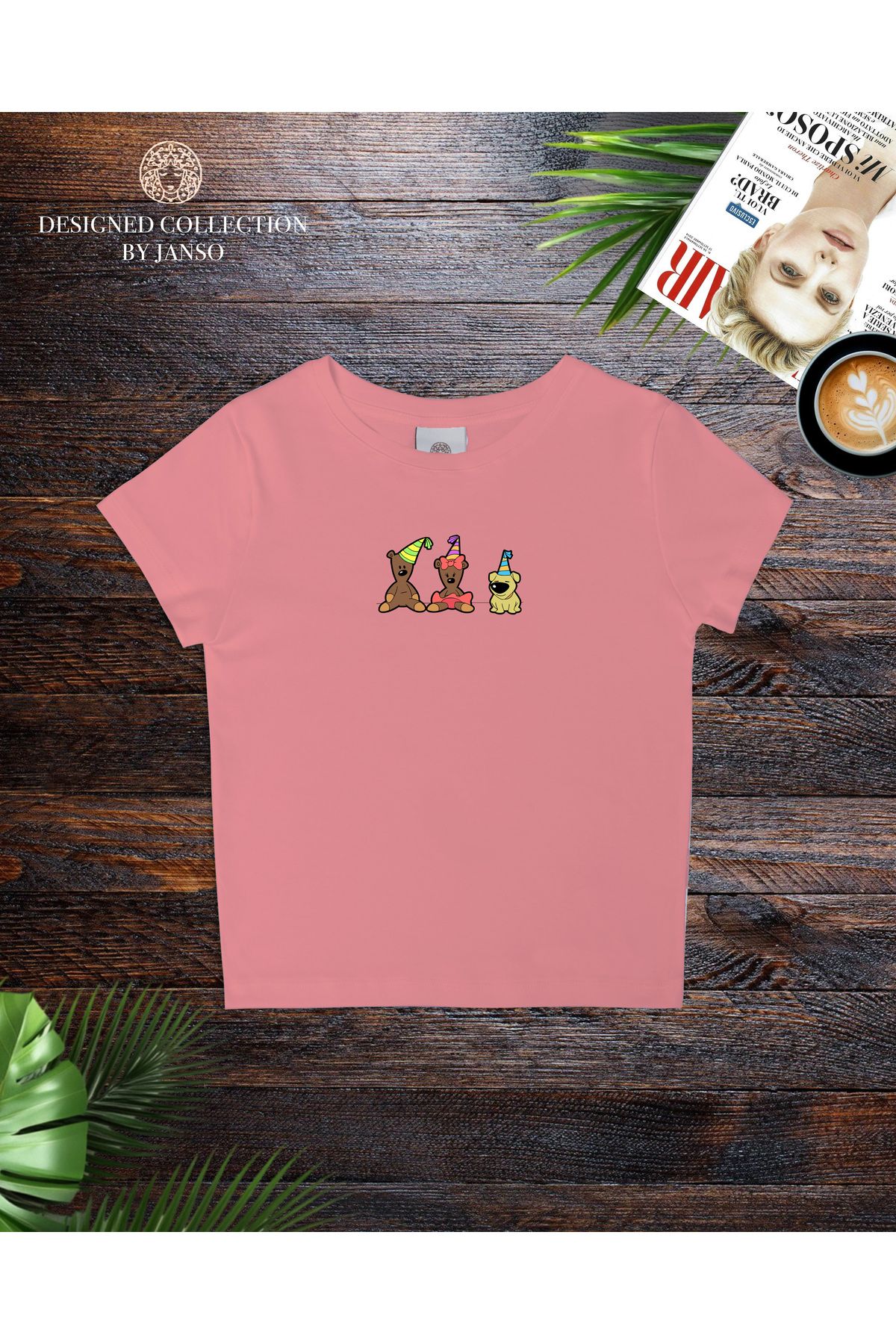 JANSO GROUP - KADIN KISA KOLLU CROP TSHIRT ÇİZGİ FİLM KARAKTERİ BASKILI PAMUKLU