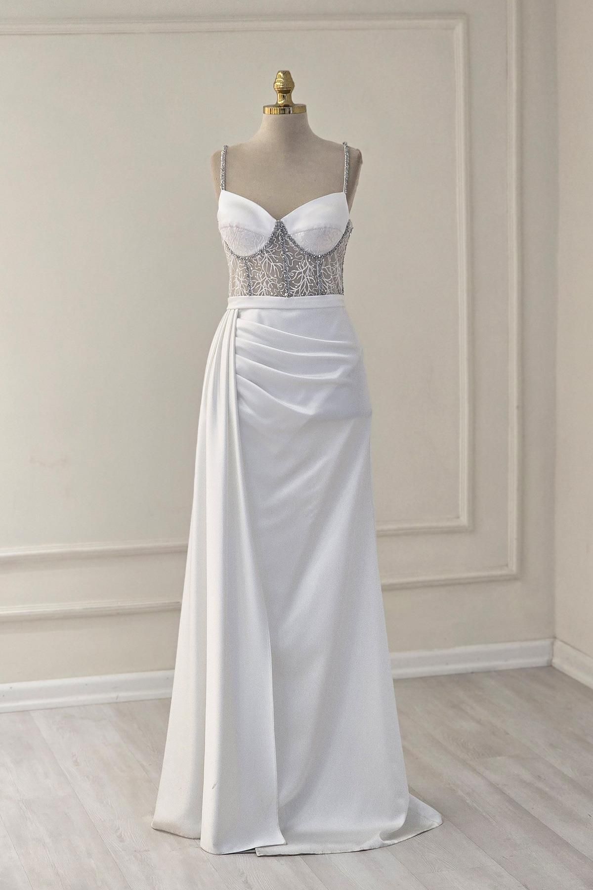 Yonca Moda Evi Beyaz İşlemeli Saten Abiye 110124