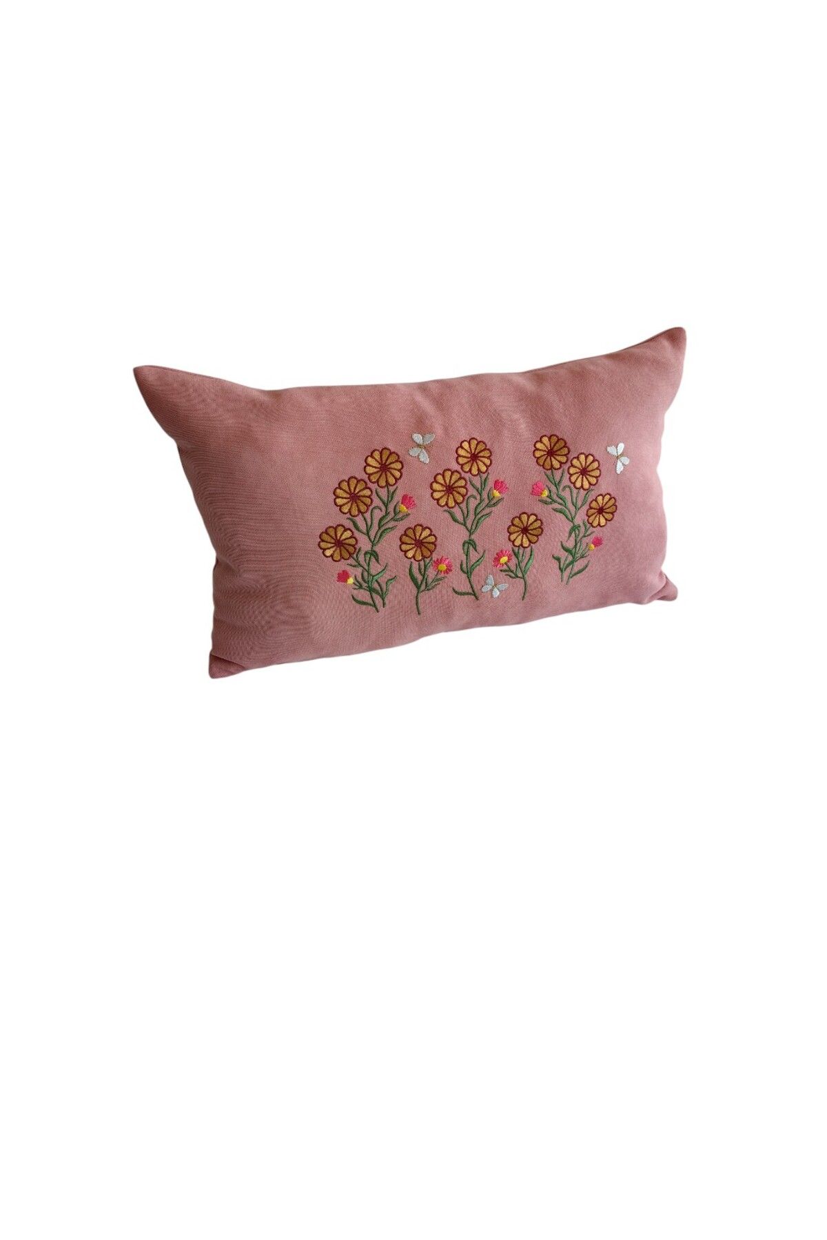 HHKARTS Pembe Renk Çiçek Desenli Nakışlı Yastık Kılıfı 30x50 | Kırlent Kılıfı Fermuarlı