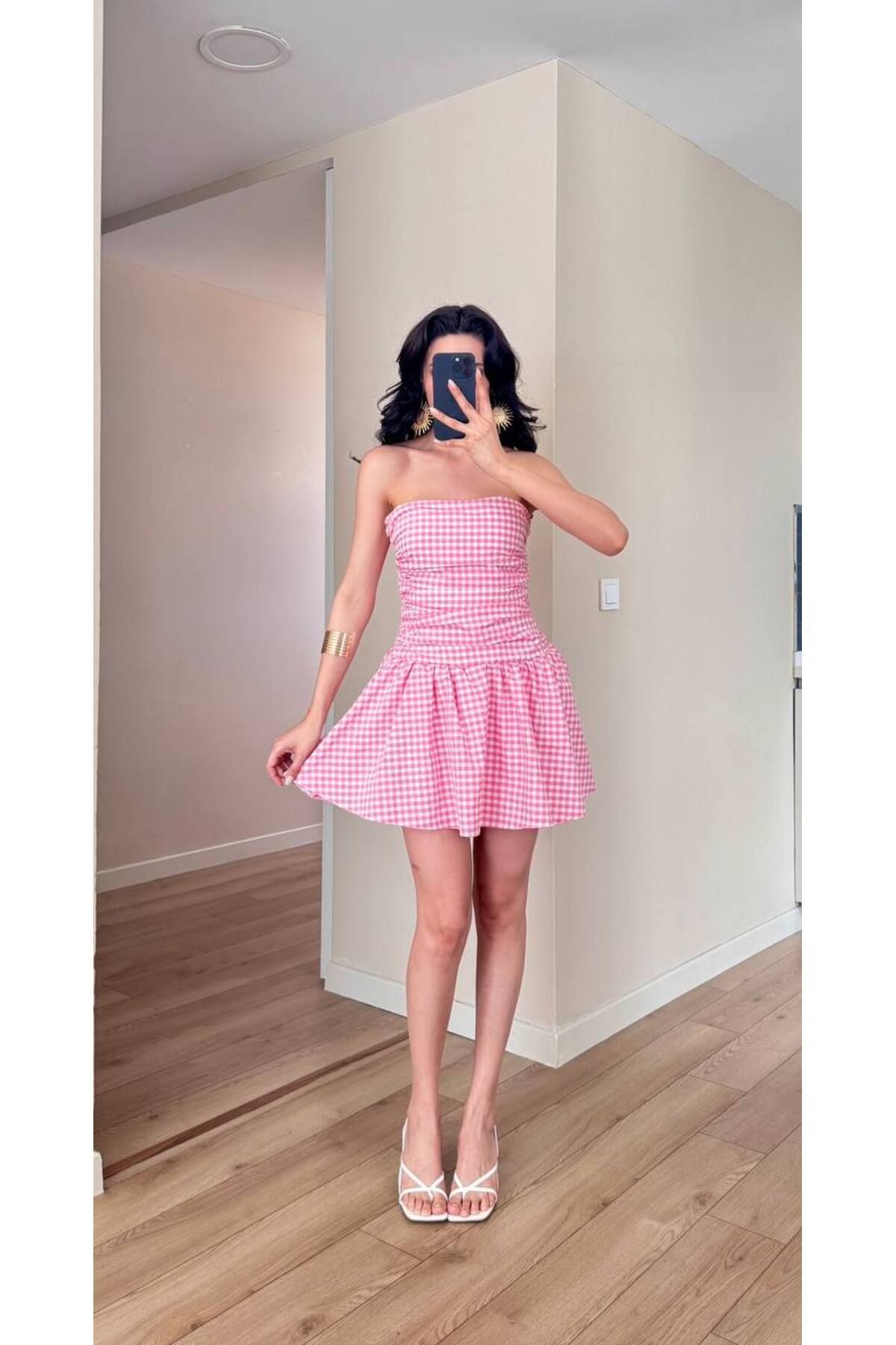 LOCH BUTİK Kadın Pembe Pötikare İçi Tül Kabartmalı Mini Straplez Elbise