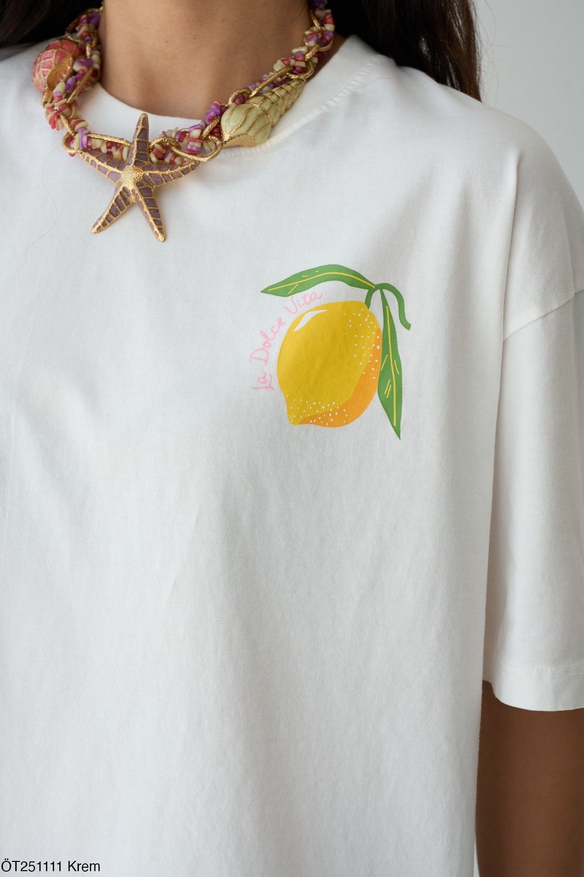 Qu Style Limon Baskılı Oversize T-Shirt Ekru