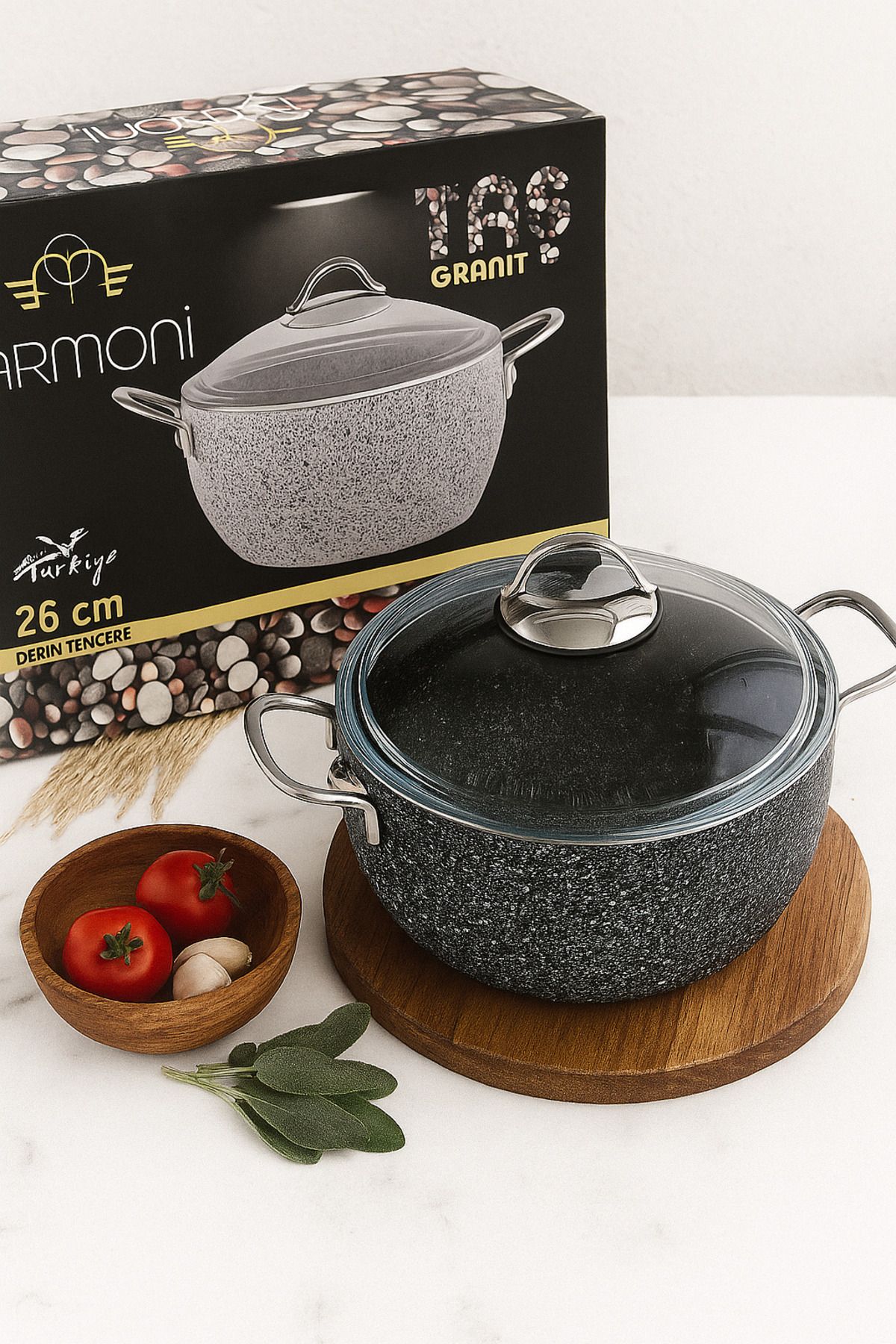 Armoni Taş Granit 26 CM Güveç Tipi Derin Tencere – Yanmaz Yapışmaz, Taş Granit-Döküm