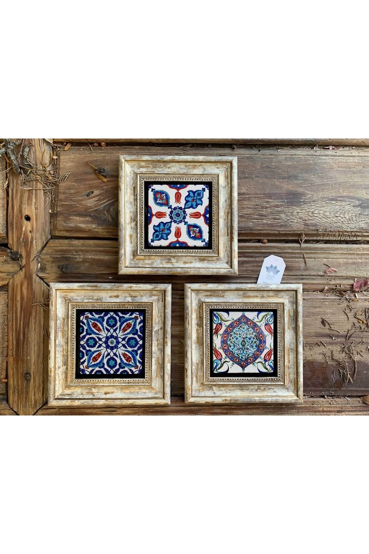 Elioure Çerçeveli Taş Duvar Dekoru 20x20 cm Çini Desenli 3'lü Set