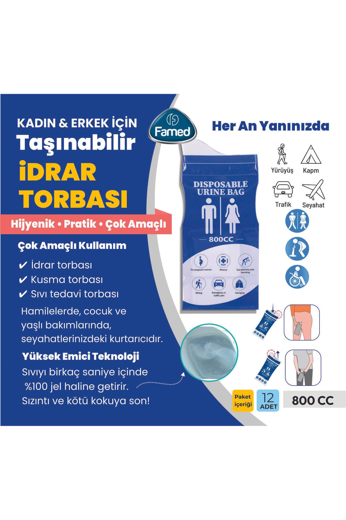 Famed ACİLL SEYYAR WC TUVALET ERKEK KADIN İÇİN JELLİ YAPILI KİLİTLİ 12 Lİ