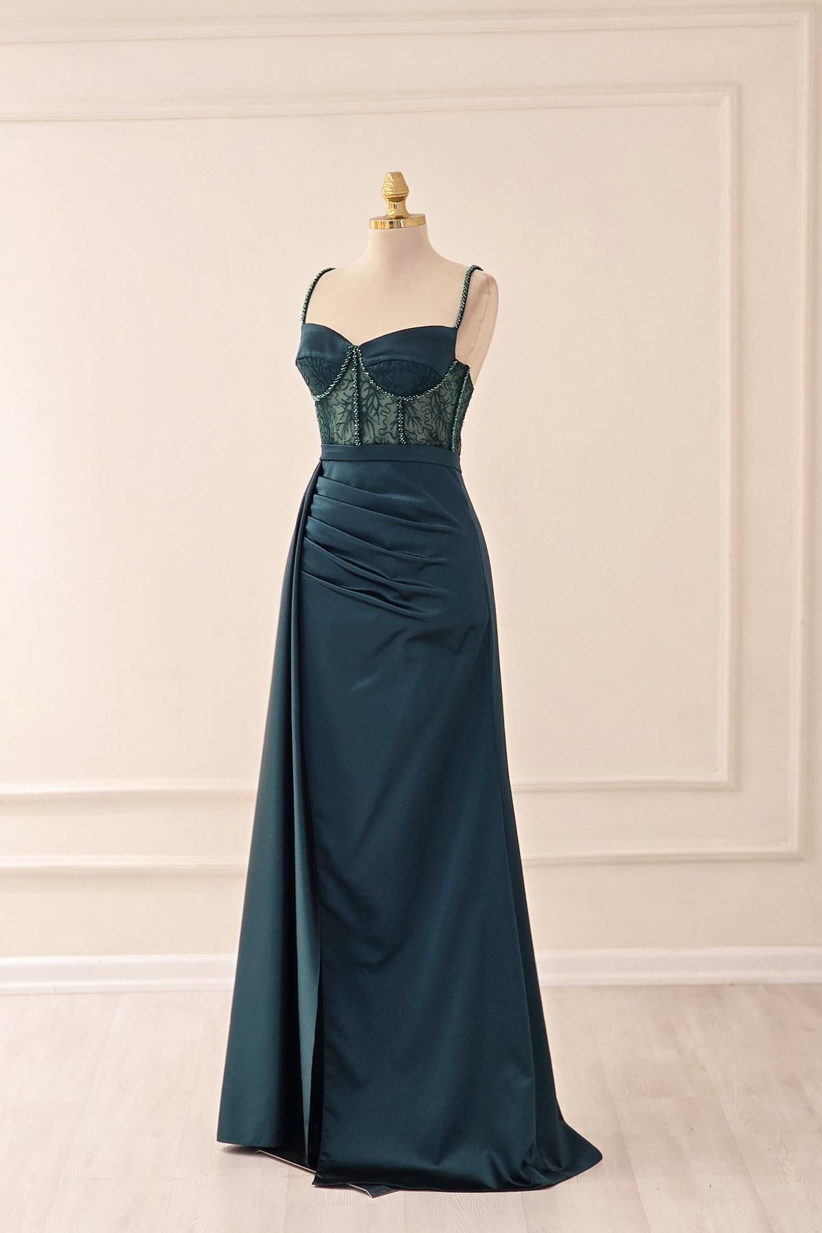 Yonca Moda Evi Yeşil İşlemeli Saten Abiye 110124
