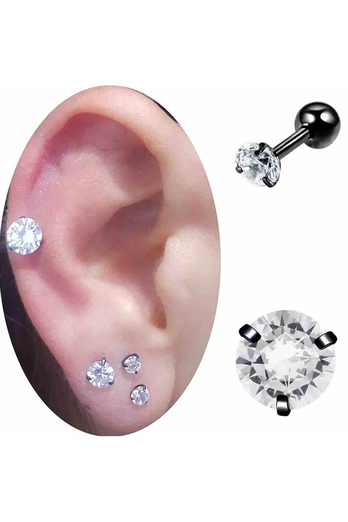 Cadının Dükkanı 5 mm Taşlı Siyah Çelik Tragus Helix Kıkırdak Piercing