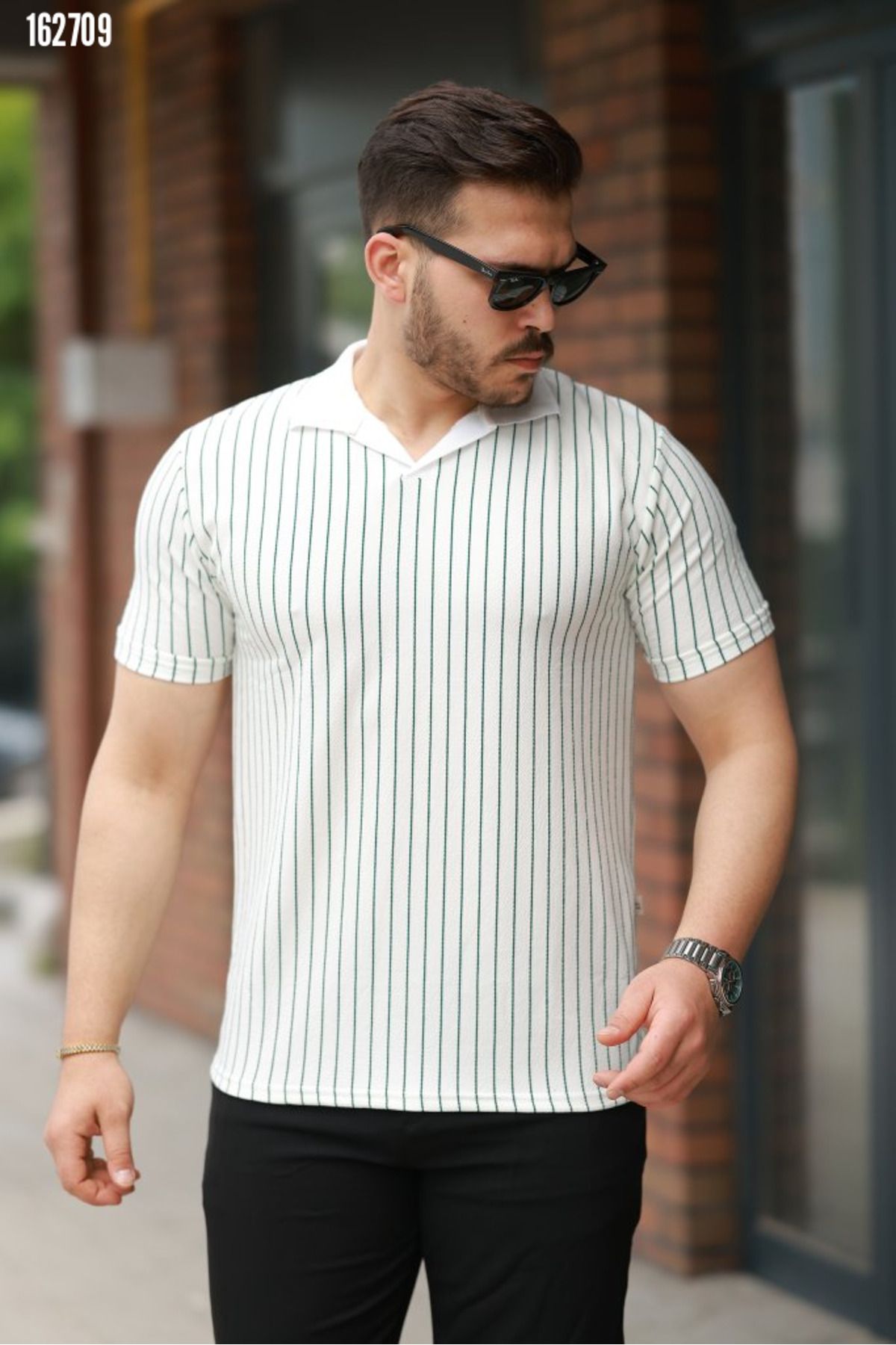 moda wanilia Erkek Çizgi Detaylı Şık Polo Yaka T-shirt