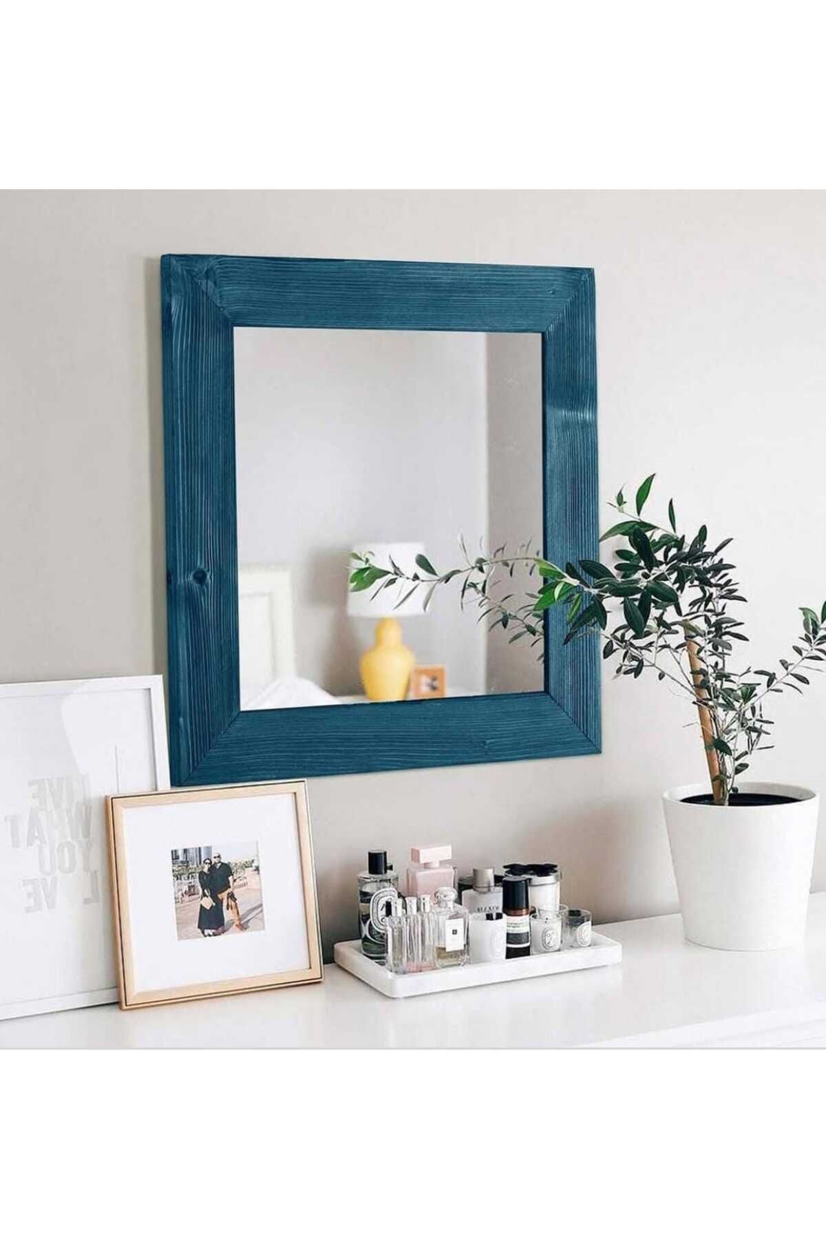 solmaz mobilya eskitme dogal ahşap mavi renk duvar aynası 60x60