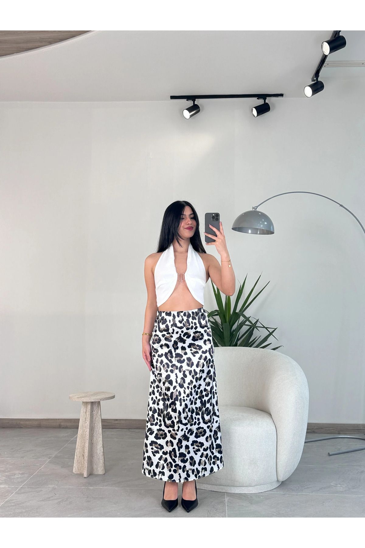 Kyra Studios Siyah Beyaz 2079 Benekli Leopar Etek
