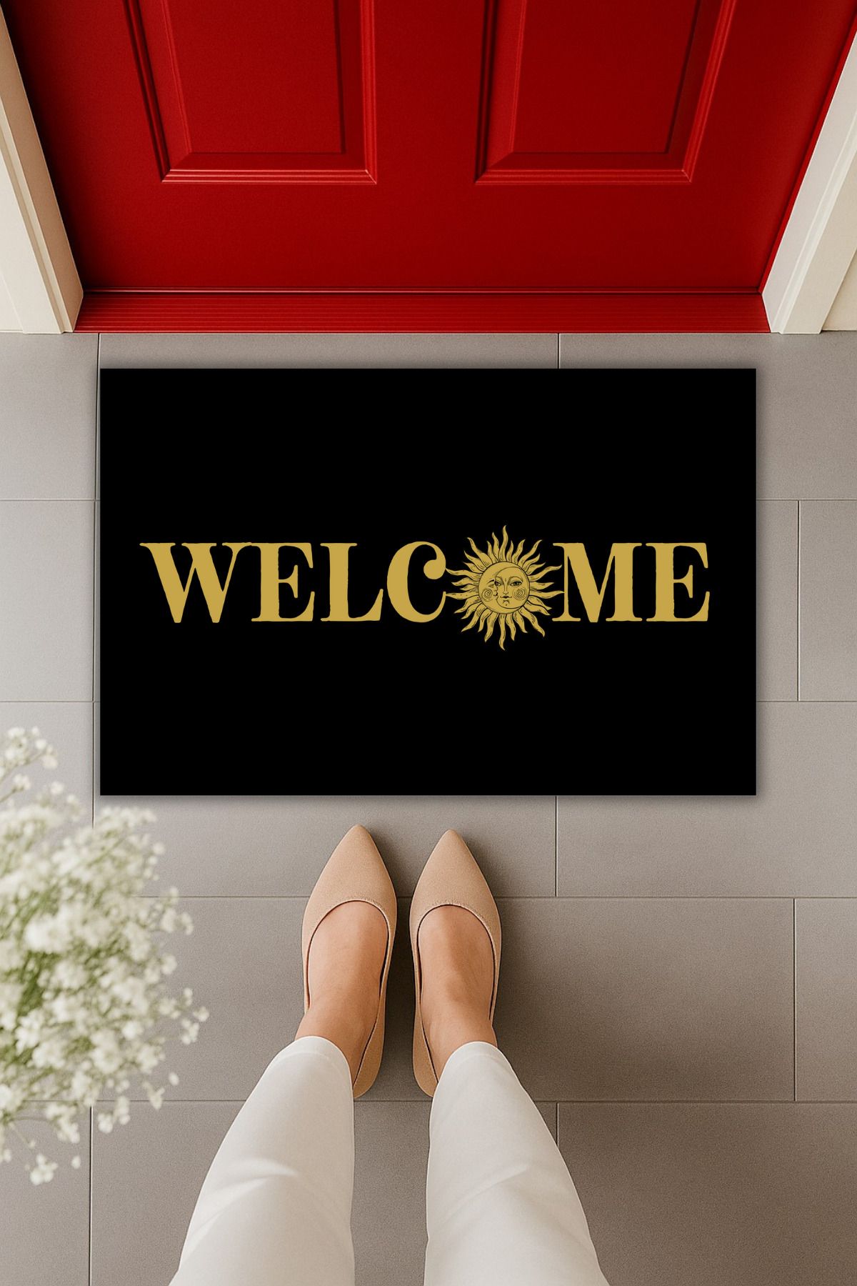 Dormot Home Yüksek Kaliteli Dijital Baskı Welcome Güneş Figürlü Kapı Önü Paspası