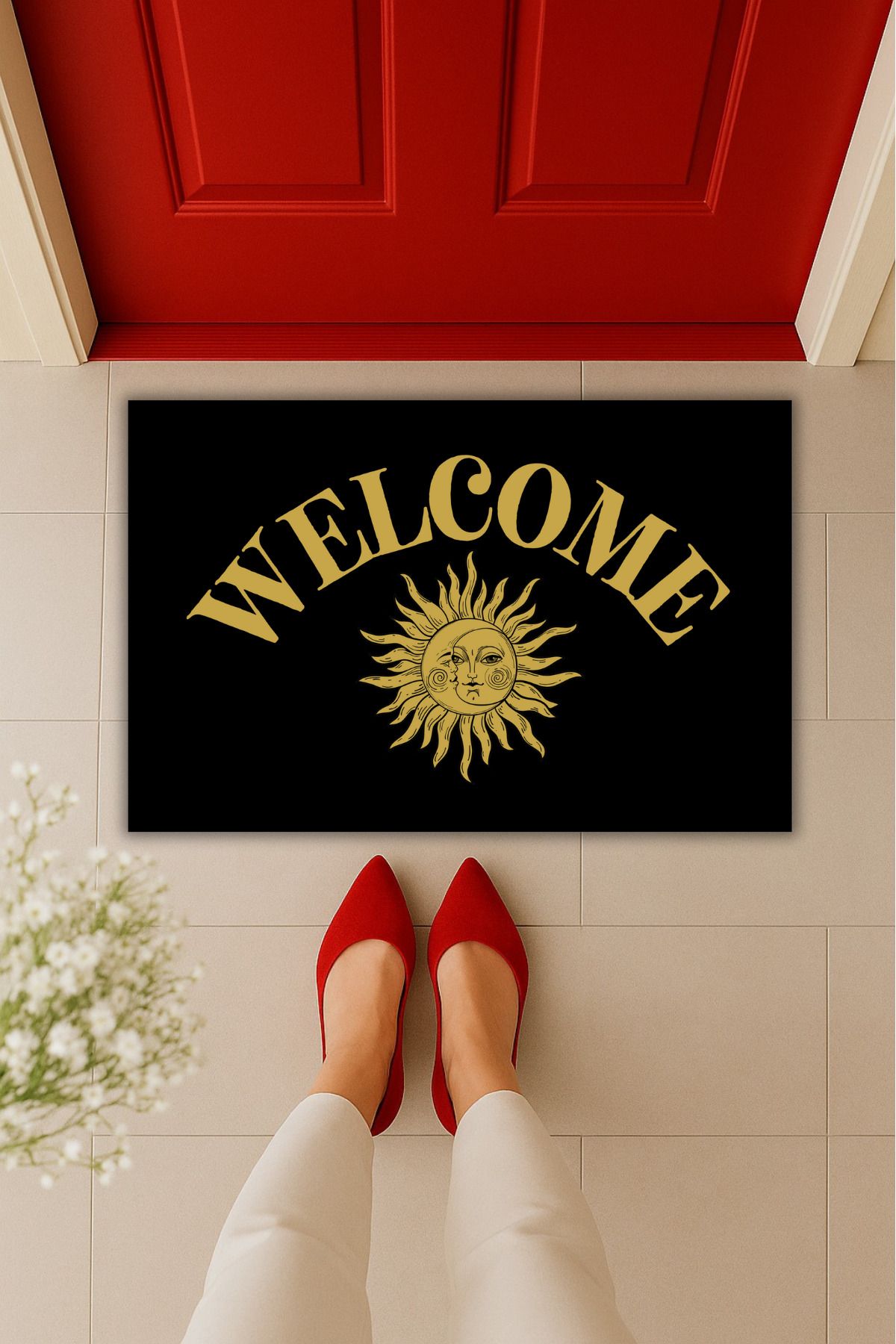 Dormot Home Yüksek Kaliteli Dijital Baskı Güneş ve Ay Yüzü Kombinasyonu Welcome Kapı Önü Paspası