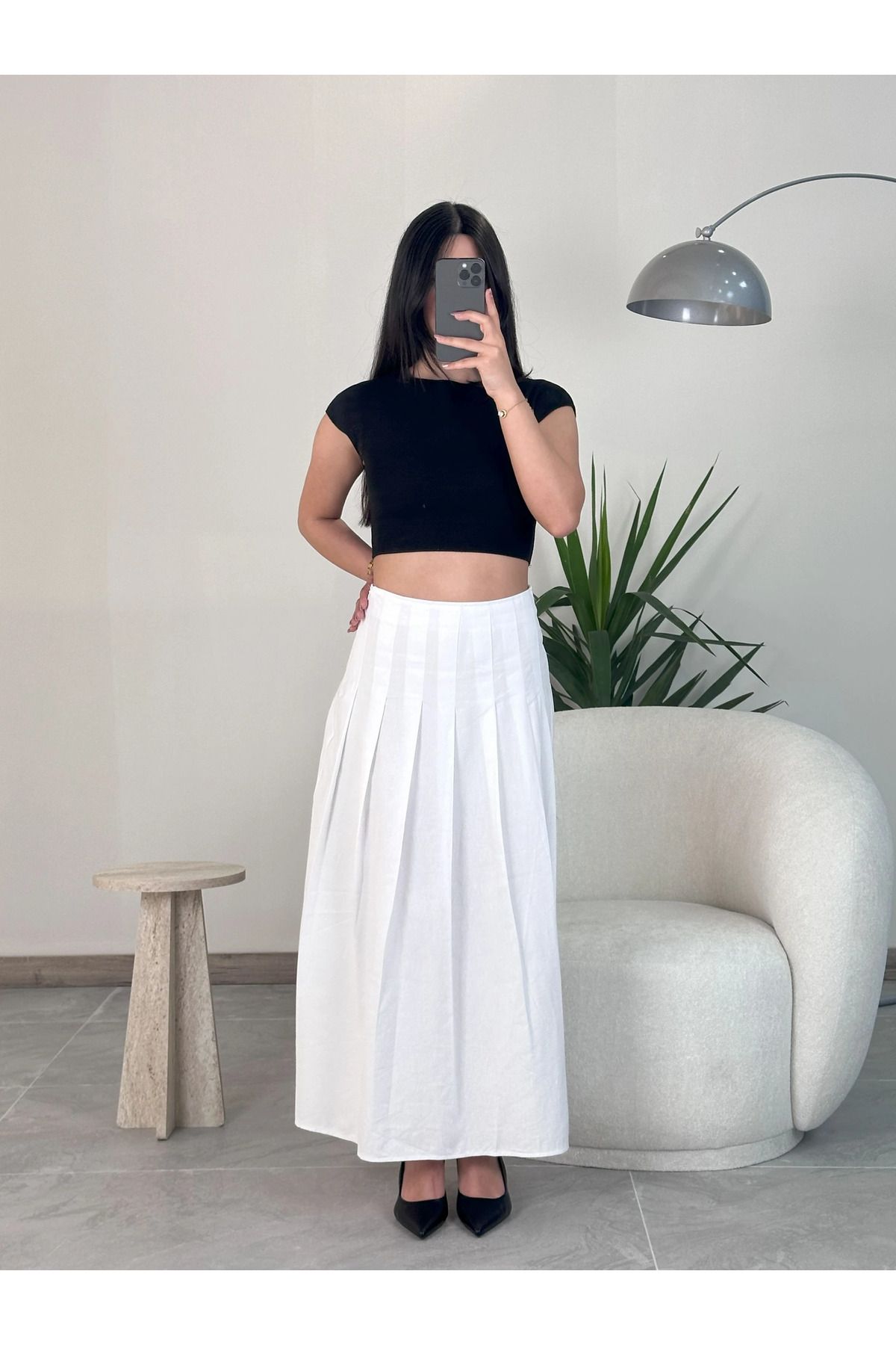 Kyra Studios Beyaz Keten Fileli Etek 8020