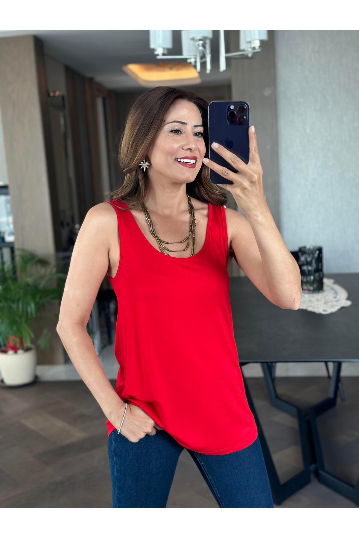 Forlady Butik Kırmızı Askılı Eteği Oval Oversize Kadın Bluz