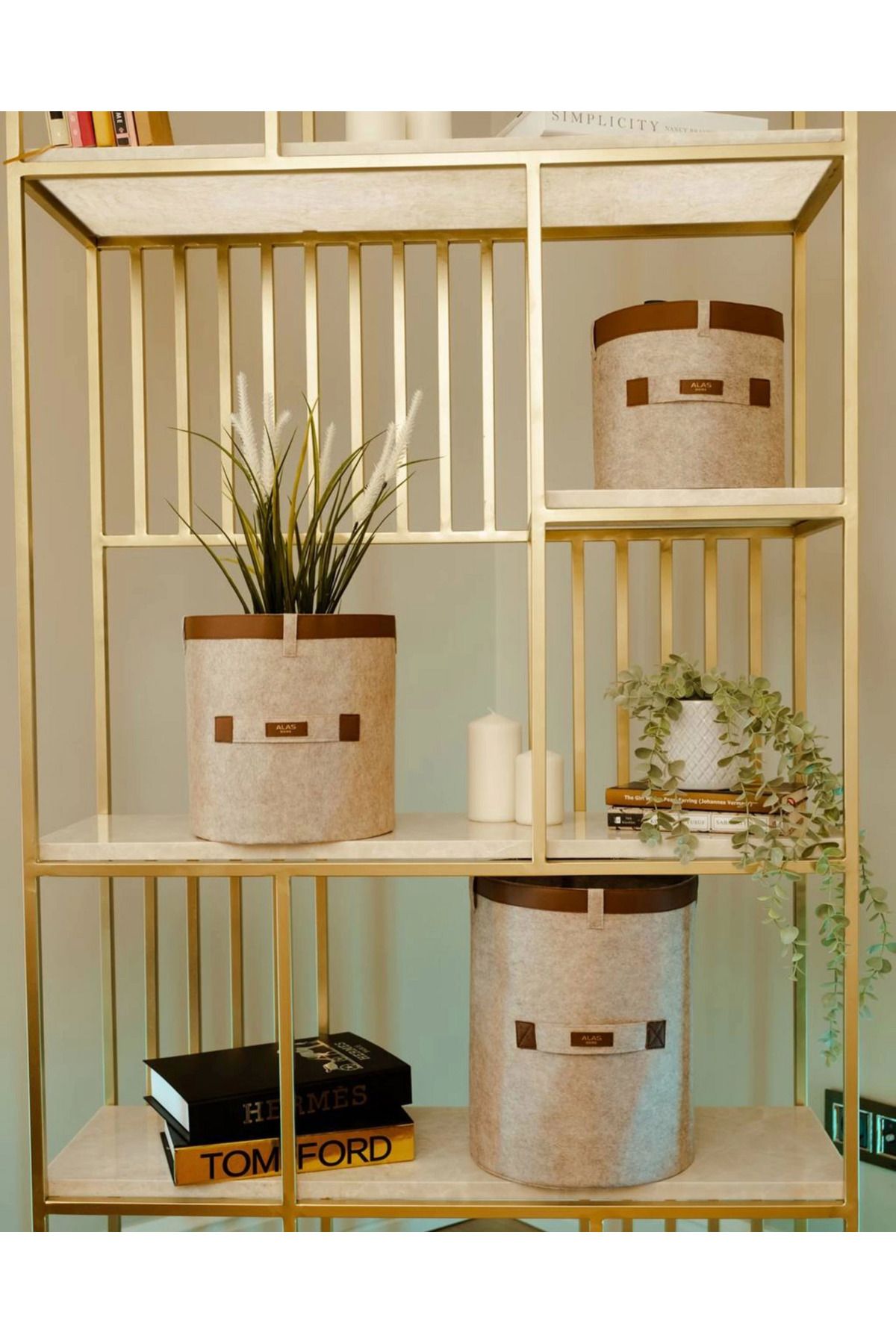 Vemora Deri Şeritli Yuvarlak Çok Amaçlı Düzenleyici Organizer Kutu Keçe Sepet (3'lü Set)