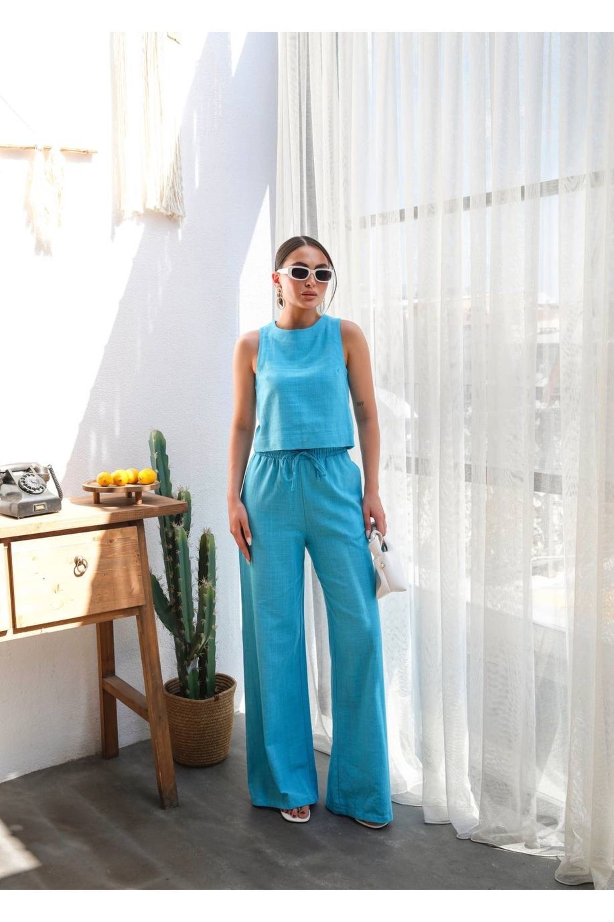 moda paketi Kadın Keten Bluz ve Pantolon Takım