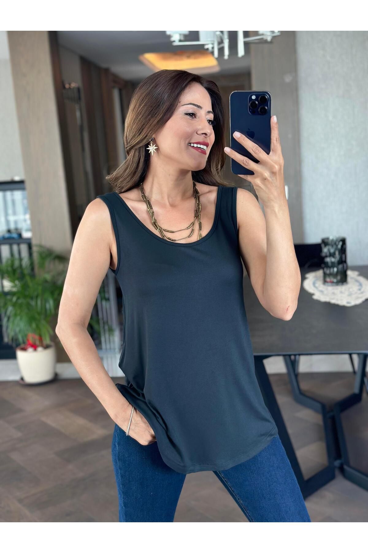Forlady Butik Antrasit Askılı Eteği Oval Oversize Kadın Bluz