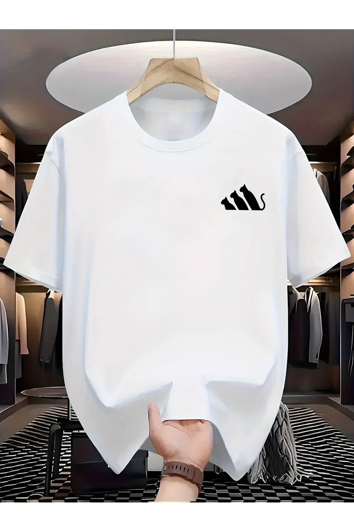 İnazuma Outdoors Unisex Oversize Baskılı Pamuklu Bisiklet Yaka Kısa Kollu BEYAZ T-shirt Sıralı kediler