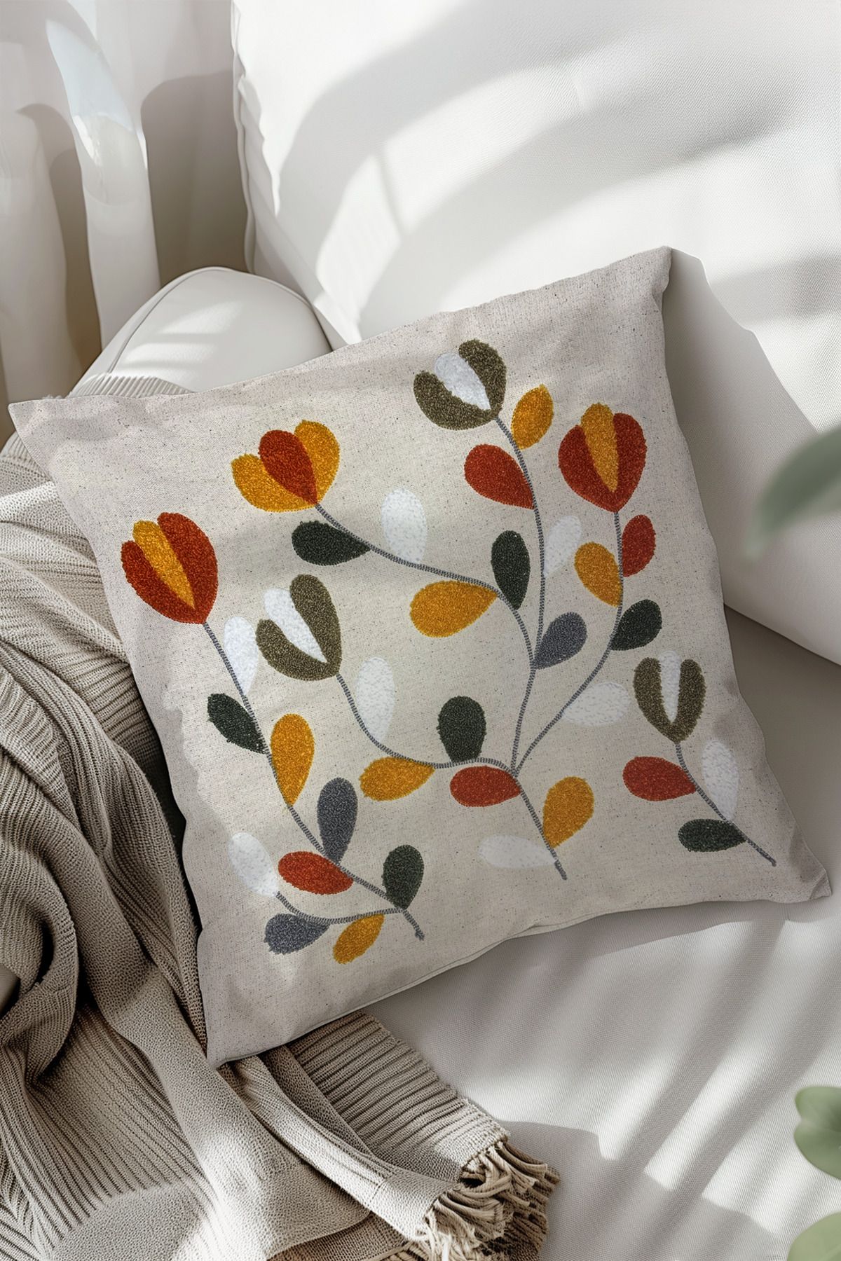 SadeMade Begonya Punch Nakışlı Dekoratif Kırlent Kılıfı, Panç Kırlent Ve Yastık Kılıfı, 44x44 Cm